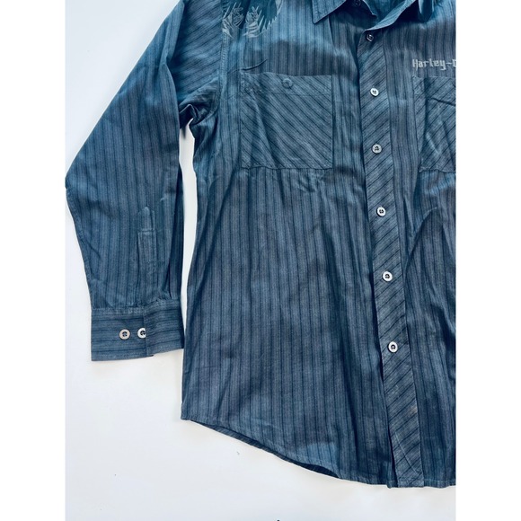 Harley Davidson Mens Long Sleeve Button Up Shirt Black Pinstripe Black Logo Lg - Picture 3 of 13